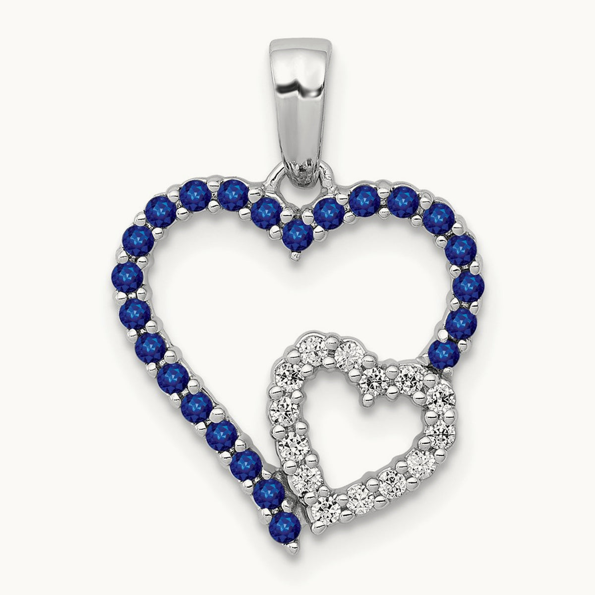 Diamond and Sapphire Double Heart Pendant, 14K White Gold