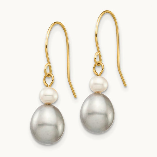 4- White/Grey Round/Rice FW Cultured Pearl Dangle Earrings, 7mm, 14K