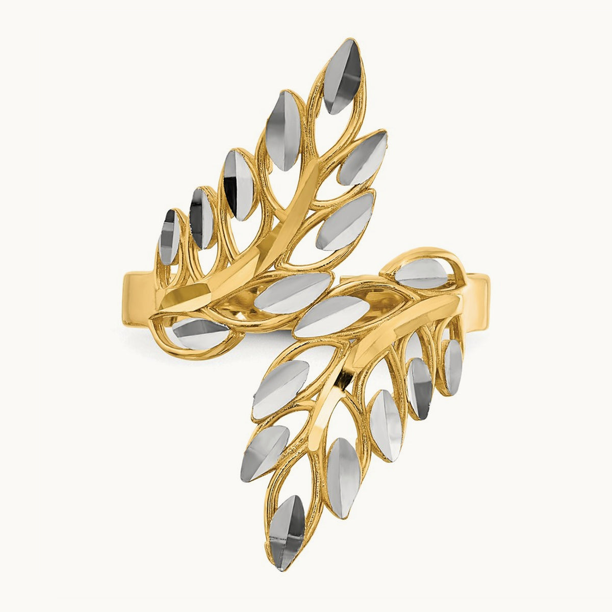 w/ White Rhodium Diamond-cut Leaves Ring, 14K
