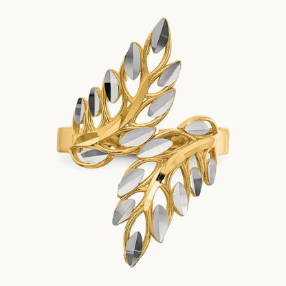 w/ White Rhodium Diamond-cut Leaves Ring, 14K