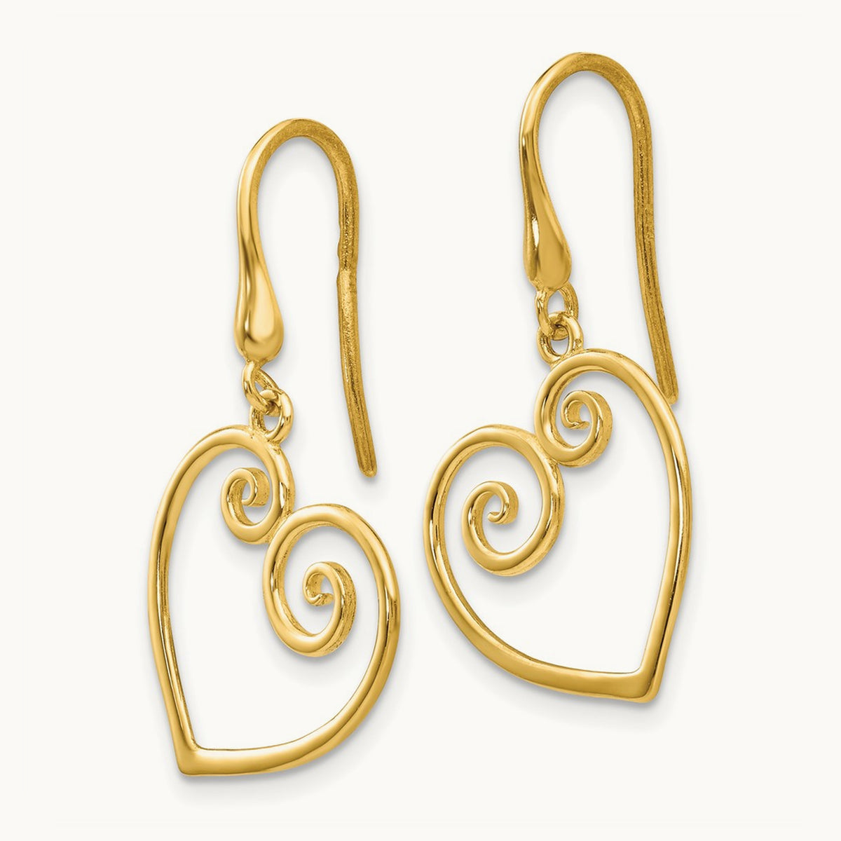 Heart Dangle Shepherd Hook Earrings, 14K Yellow Gold