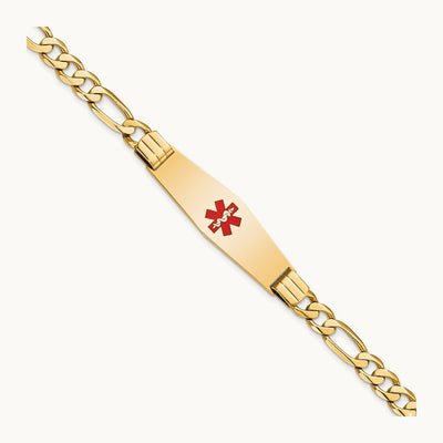 Medical Soft Diamond Shape Red Enamel Flat Figaro Link ID Bracelet, 14K
