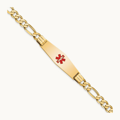 Medical Soft Diamond Shape Red Enamel Flat Figaro Link ID Bracelet, 14K