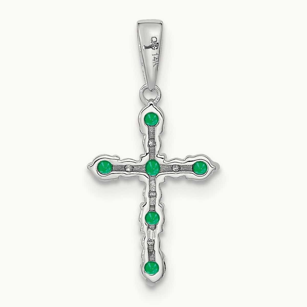 Lab Created Emerald and Diamond Cross Pendant — 14K White Gold