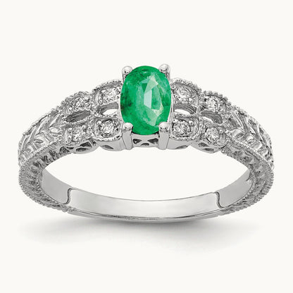 6x4mm Oval Emerald AA Diamond ring, 14K White Gold