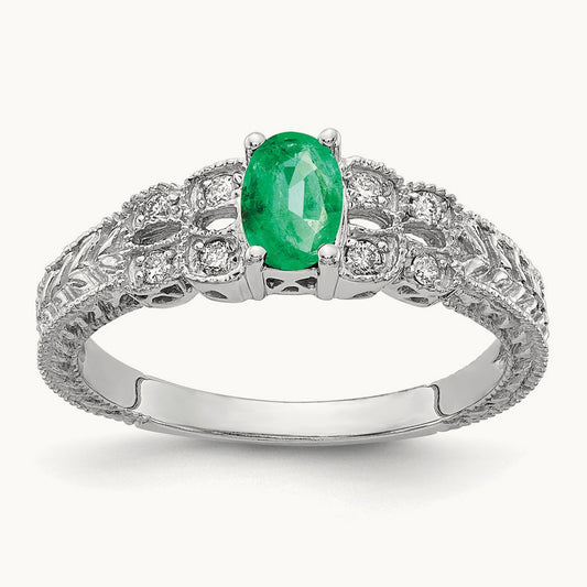 6x4mm Oval Emerald AA Diamond ring, 14K White Gold