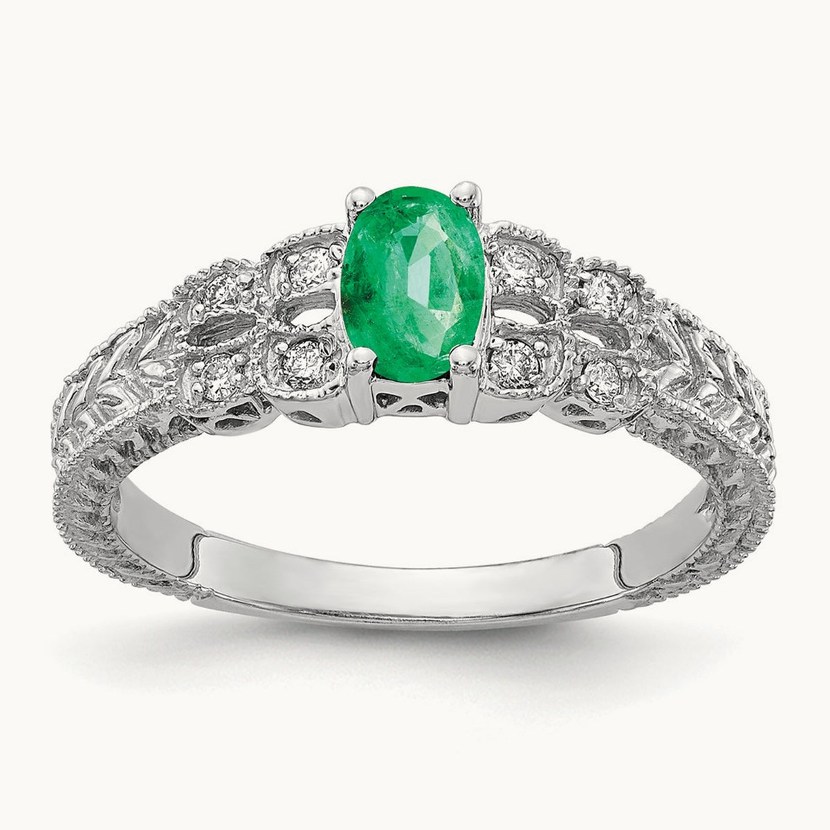 6x4mm Oval Emerald AA Diamond ring, 14K White Gold