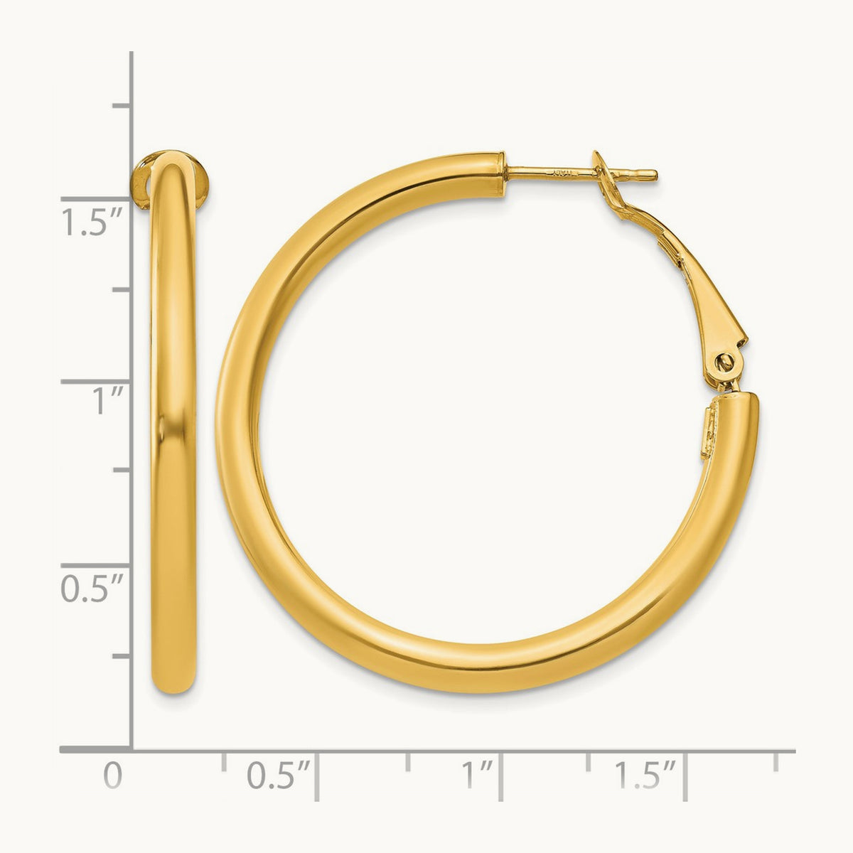 Polished Round Omega Back Hoop Earrings — 14K Yellow Gold, 3x36mm
