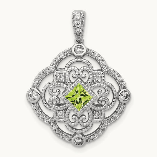 Diamond and .40 Peridot Fancy Filigree Pendant, 14K White Gold