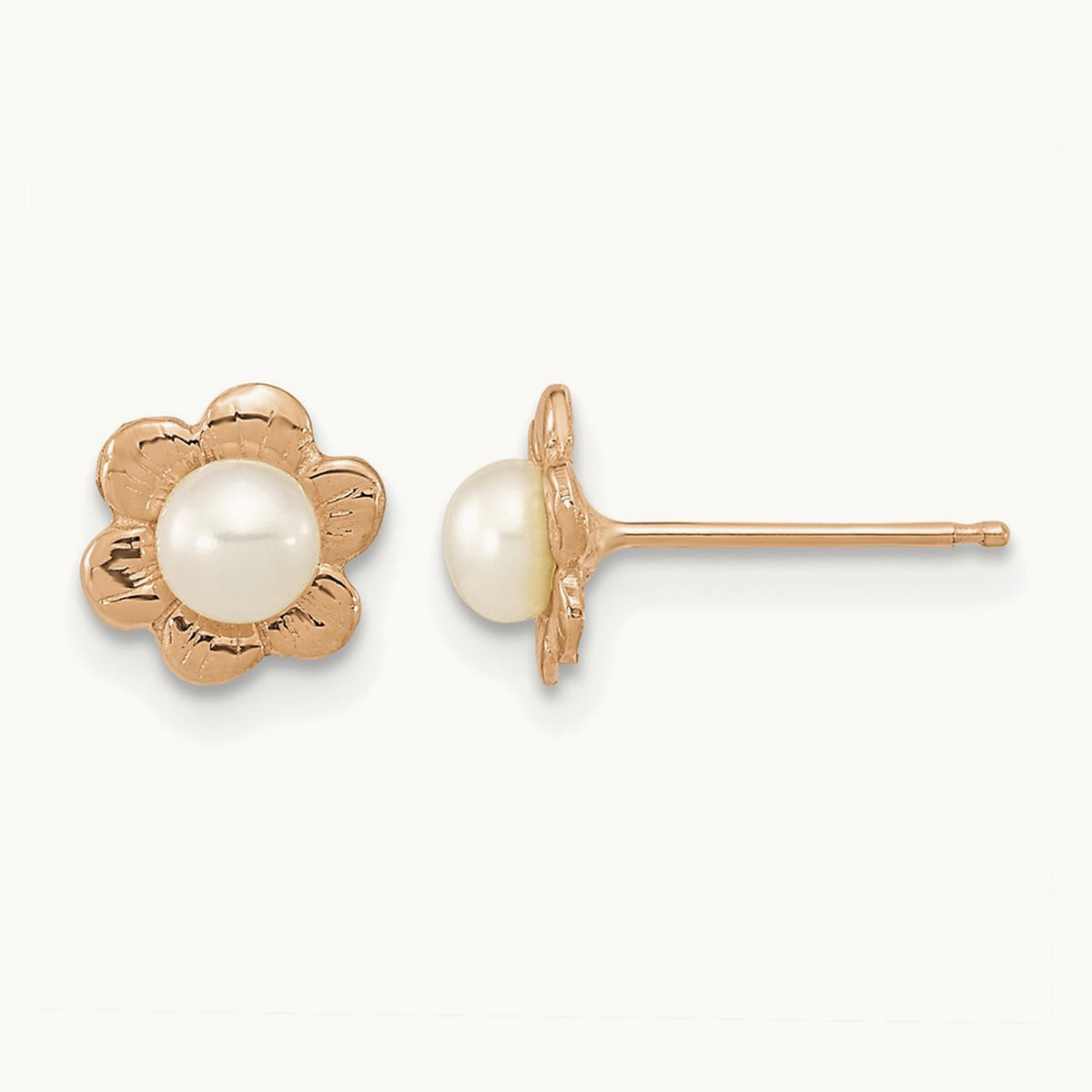 3- Button White FWC Pearl Flower Earrings, 4mm, 14K Rose Gold
