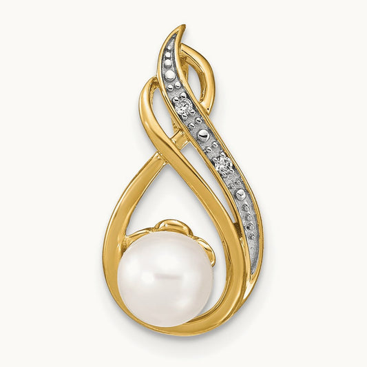 6- White Round FW Cultured Pearl and Diamond Pendant, 7mm, 14K