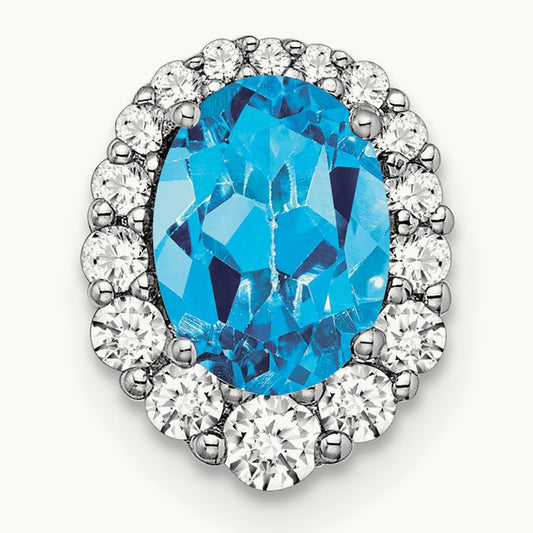 Oval Blue Topaz and Diamond Halo Chain Slide, 14K White Gold