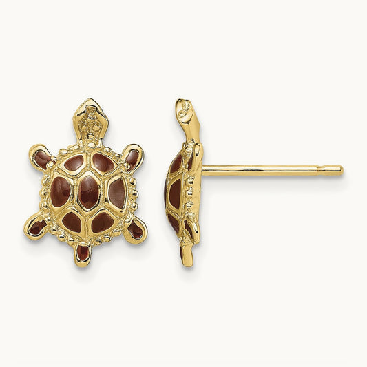 Sea Turtle W/Spiny Brown Enamel Shell Earrings, 14K