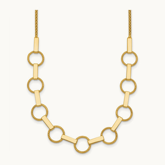 Polished and Textured Circles and Bars Necklace, 14K