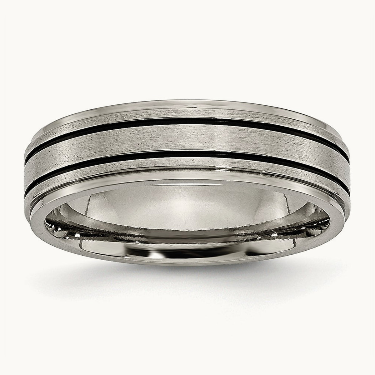 Brushed Center Black Enamel Ridged Edge Band, 6mm, Titanium