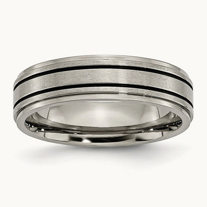 Brushed Center Black Enamel Ridged Edge Band, 6mm, Titanium
