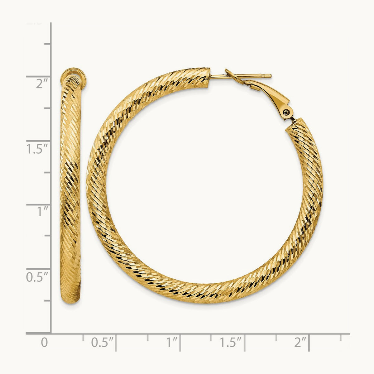 Diamond-cut Round Omega Back Hoop Earrings — 14K Yellow Gold, 4x45mm
