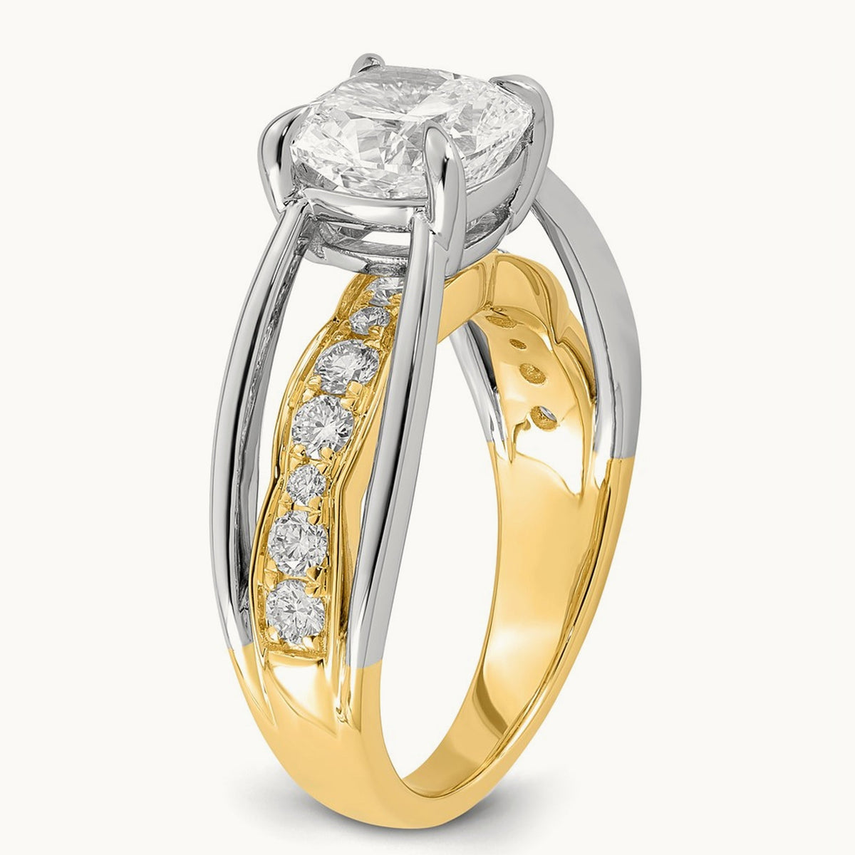 14ktt Certified Cushion Center Lab Grown Diamond VS+ F+ Ring — 14K Two-Tone Gold, 3.09 ct tw
