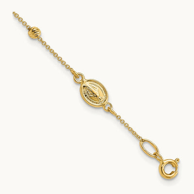 Polished D/C Cross and Miraculous Medal .75in ext. Bracelet, 14K