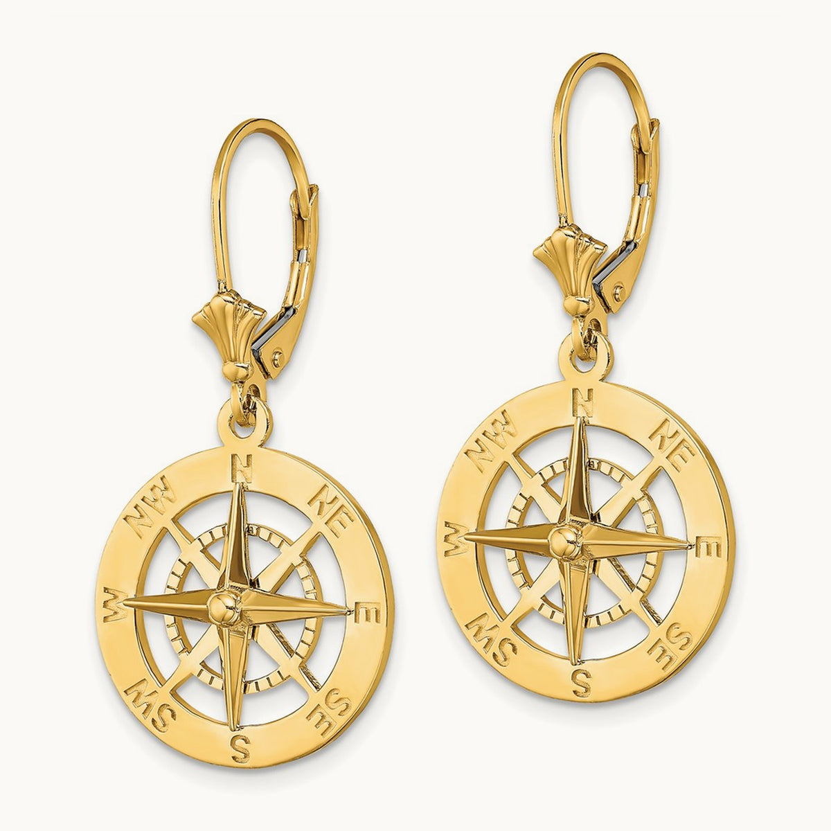 Nautical Compass Leverback Earrings, 14K