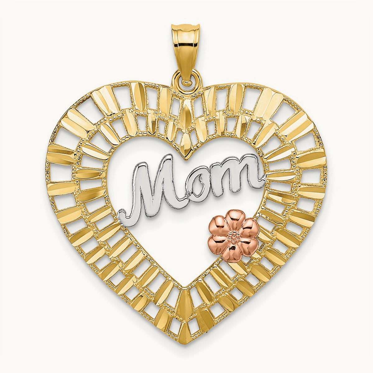 w/White Rhodium D/C MOM Heart Charm, 14K Two-tone