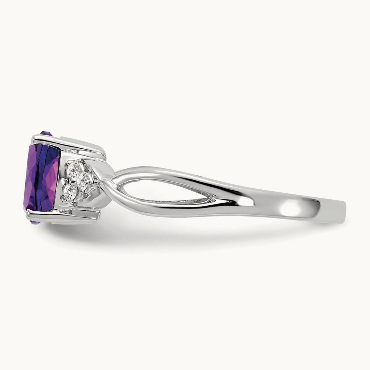 Checkerboard Amethyst and Diamond Ring — 14K White Gold, 7