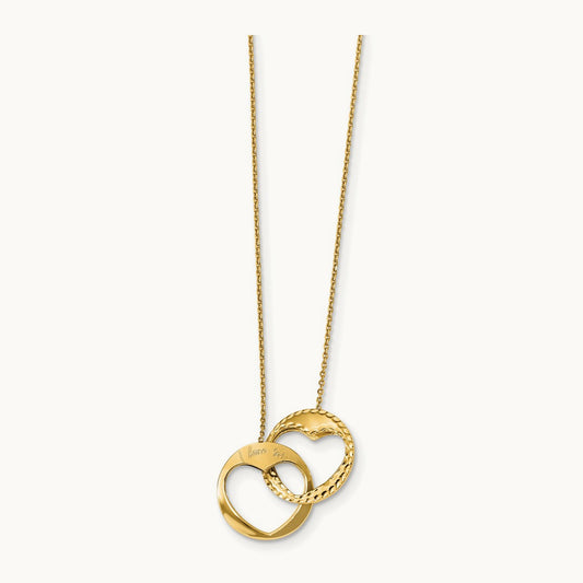 Polished Double Interlocking Heart I Love You with 1 inch ext. Necklace, 14K