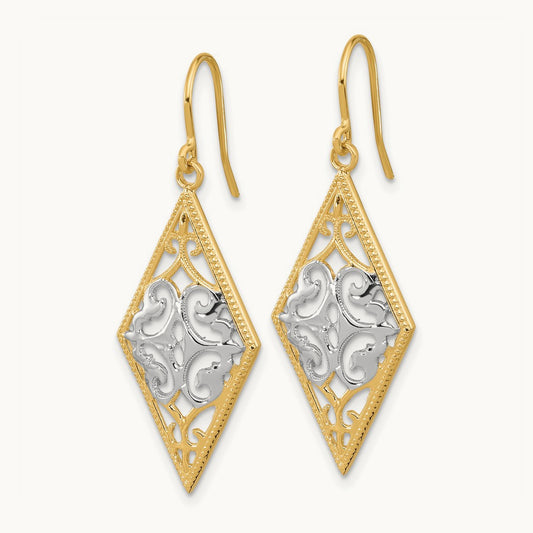 & Rhodium Diamond Shape Filigree Dangle Earrings, 14K