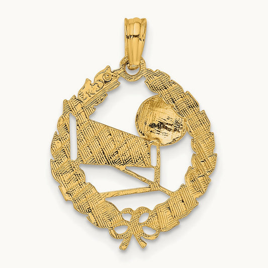 Volleyball Story in Leaf Circle Charm, 14K