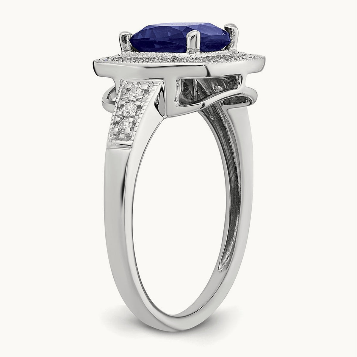 Cushion Created Sapphire and Diamond Halo Ring, 14K White Gold