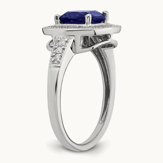 Cushion Created Sapphire and Diamond Halo Ring, 14K White Gold