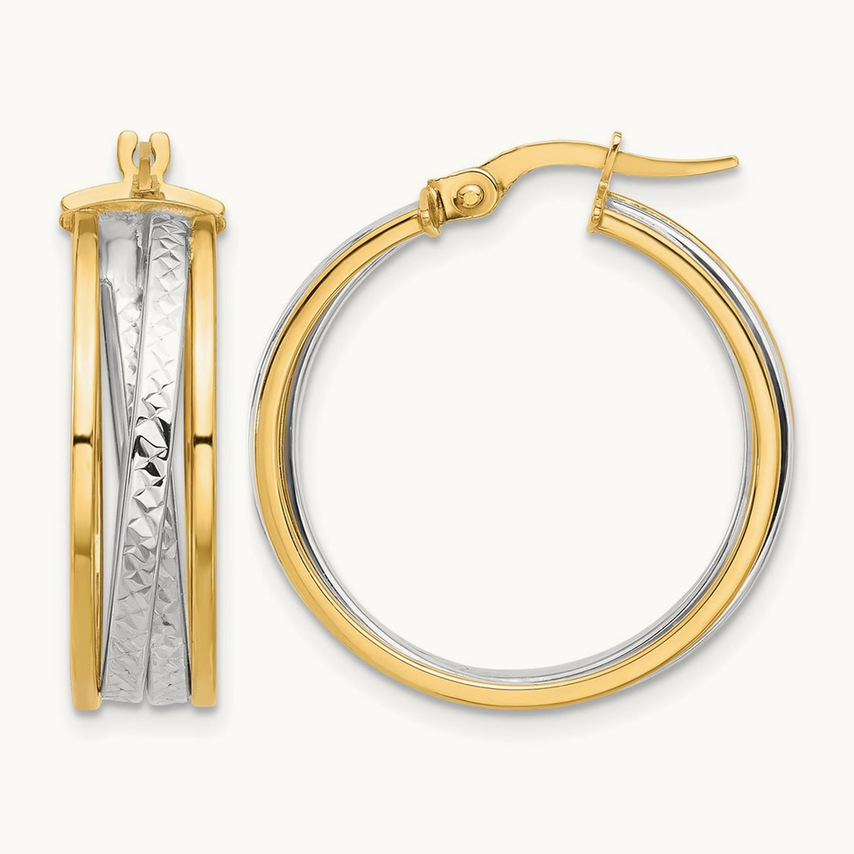 Polished and Diamond-cut Hoop Earrings, 14K with Rhodium — Leslie's