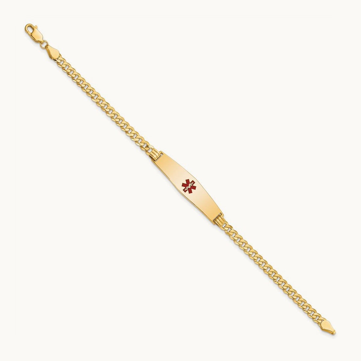 Medical Soft Diamond Shape Red Enamel Flat Curb Link ID Bracelet, 14K
