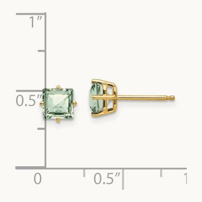 Square Checker-Cut Green Quartz Earrings, 5mm, 14K
