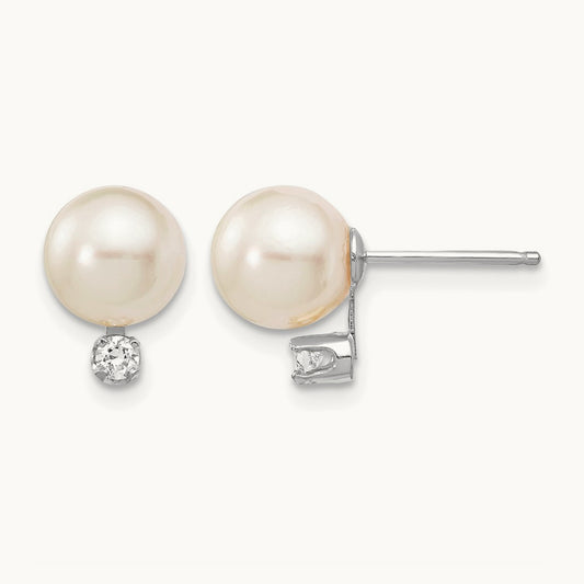 7- Round White Saltwater Akoya .10ct. Diamond Earrings, 8mm, 14K White Gold