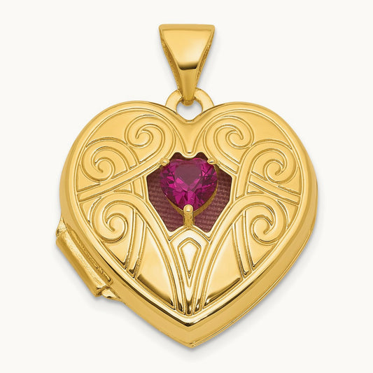 Polished Lab Created Ruby July Birthstone Heart Locket, 18mm, 14K