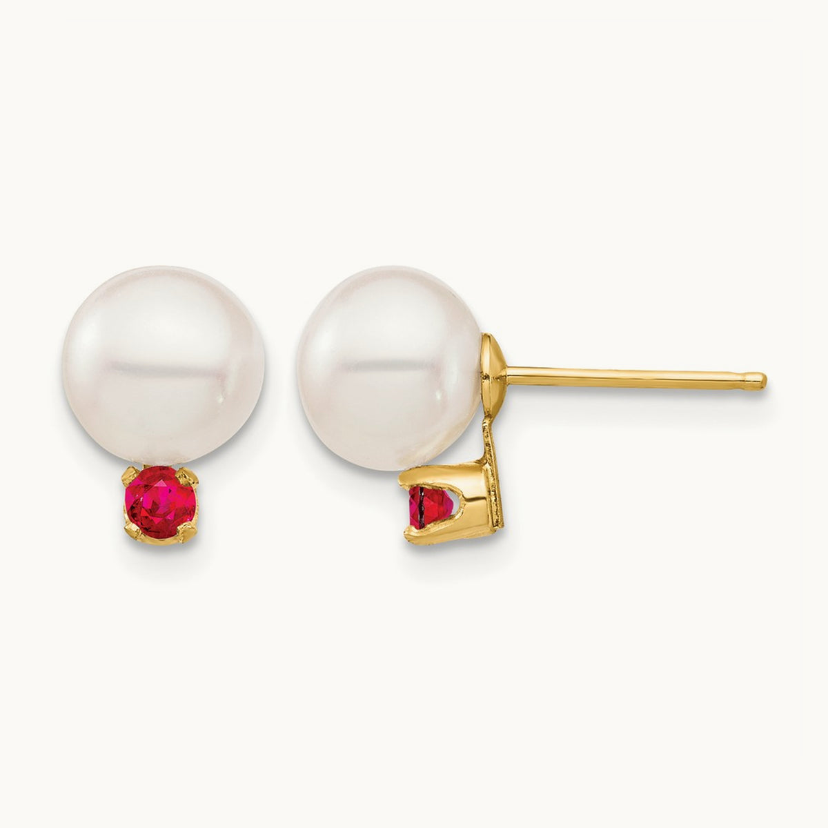 7- White Round Freshwater Cultured Pearl Ruby Post Earrings, 7.5mm, 14K
