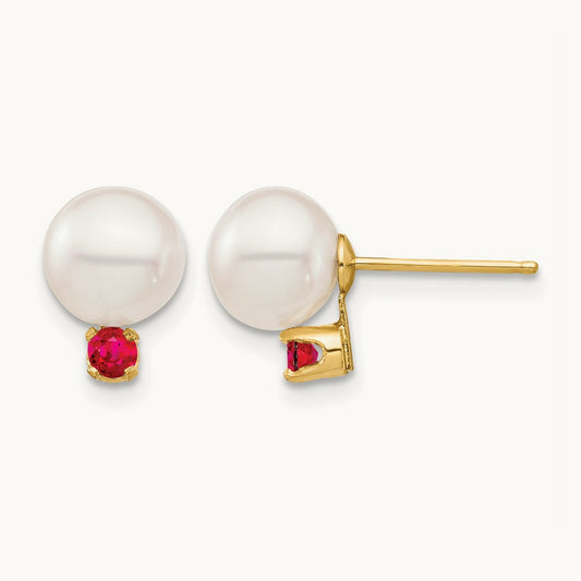 7- White Round Freshwater Cultured Pearl Ruby Post Earrings, 7.5mm, 14K