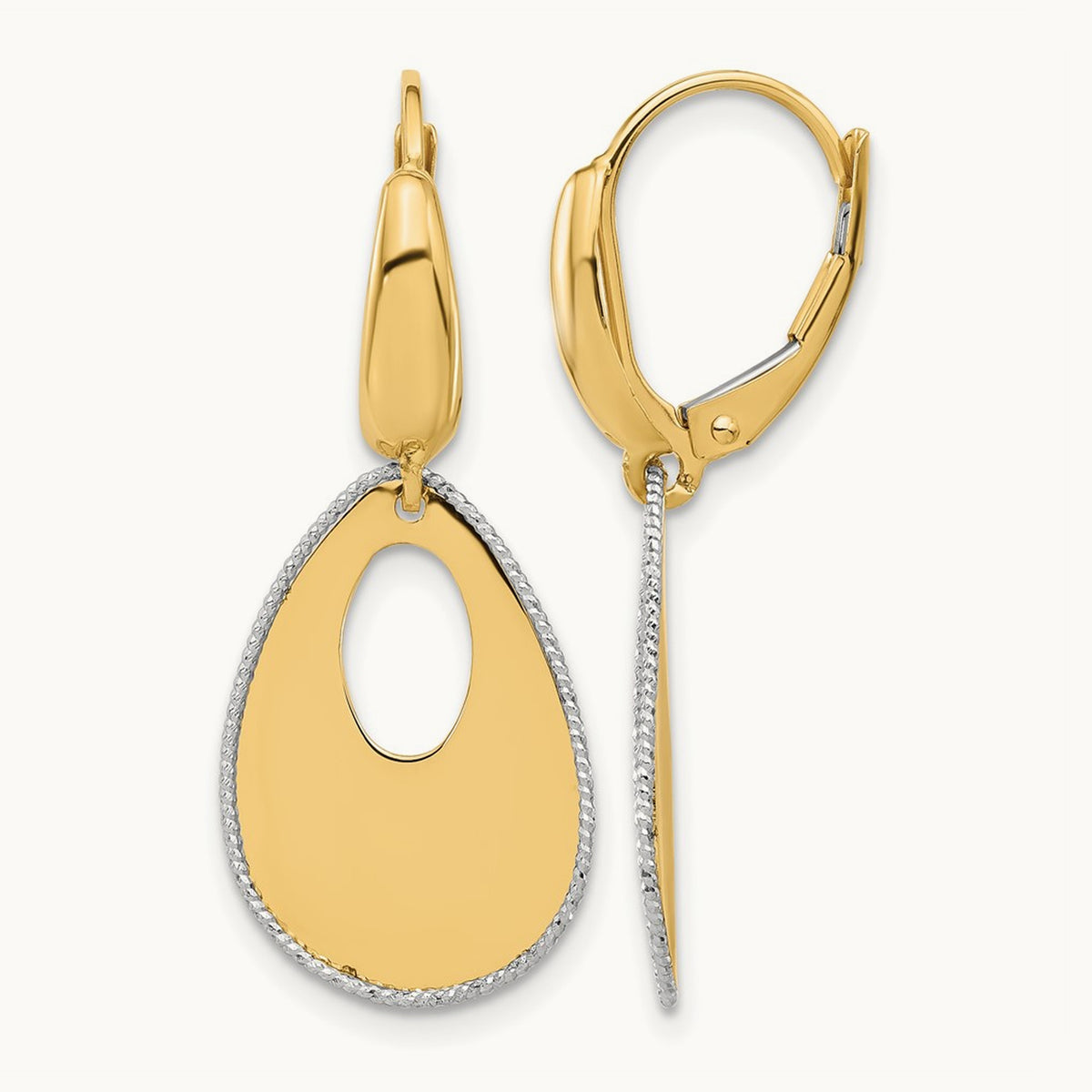 Polished/Dia-cut Teardrop Dangle Leverback Earrings, 14K Two-tone — Leslie's