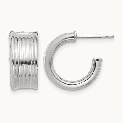 w/ White RH Plating Polished and Grooved J-Hoop Post Earrings, 14K — Leslie's