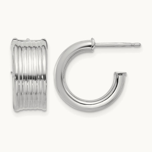 w/ White RH Plating Polished and Grooved J-Hoop Post Earrings, 14K — Leslie's