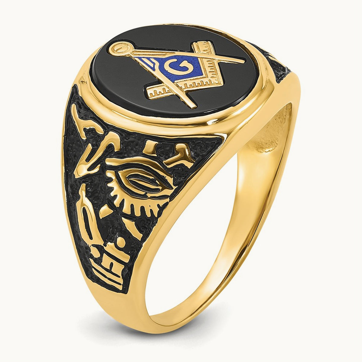 Men's Polished & Textured w/ Epoxy & Onyx Masonic Ring, 14K