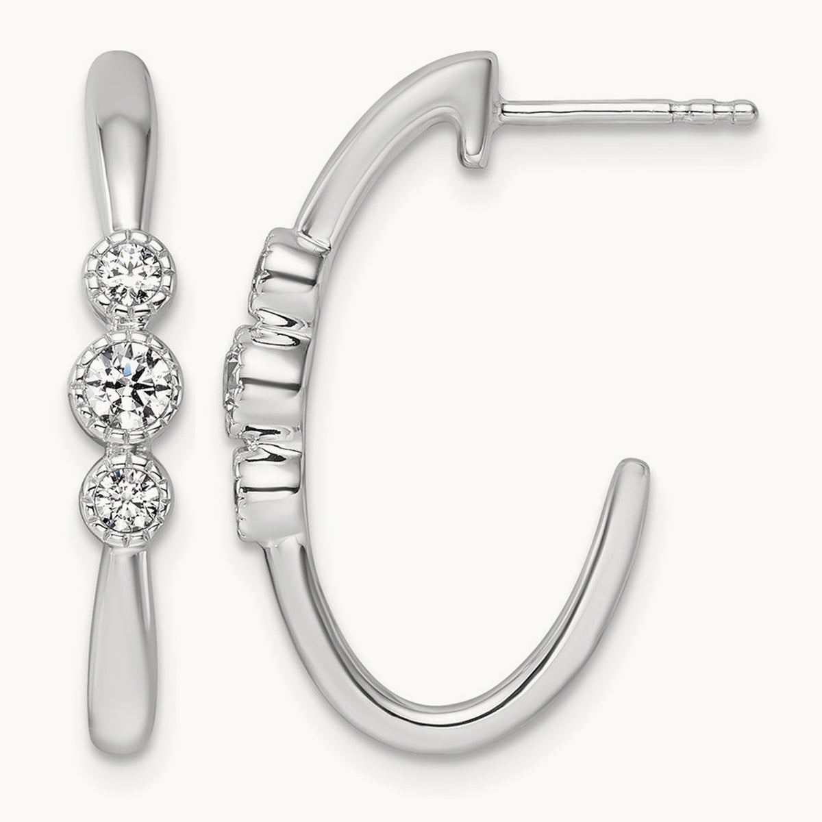Polished Diamond Fashion J-Hoop Post Earrings, 14K White Gold