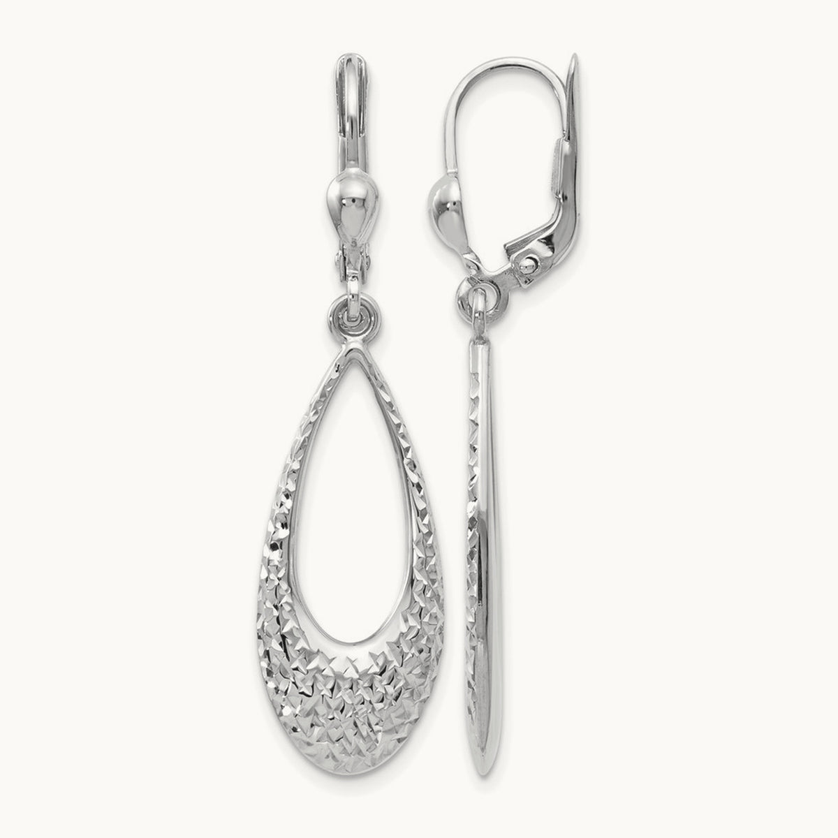 Polished and Diamond-cut Leverback Earrings — 10K White Gold, 43mm