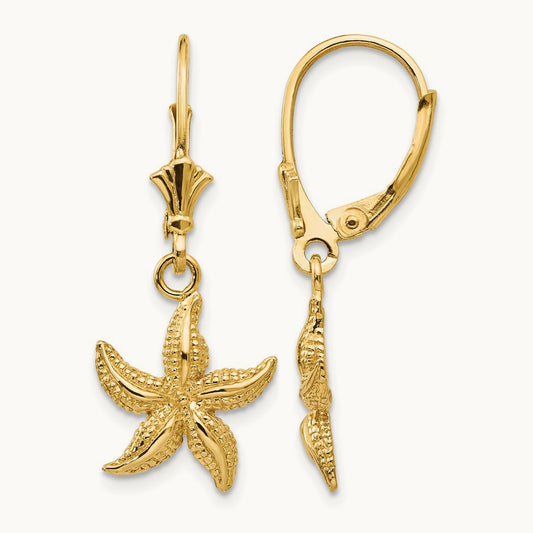 Starfish Leverback Earrings — 14K Yellow Gold