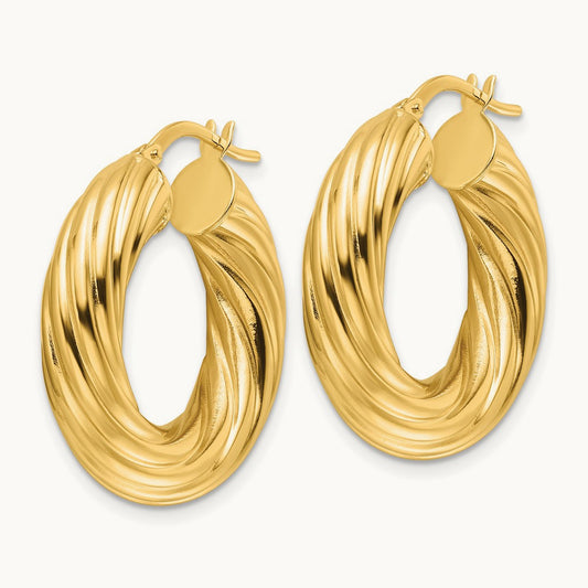 Polished Twist Hollow Round Hoop Earrings, 6mm, 14K Yellow Gold