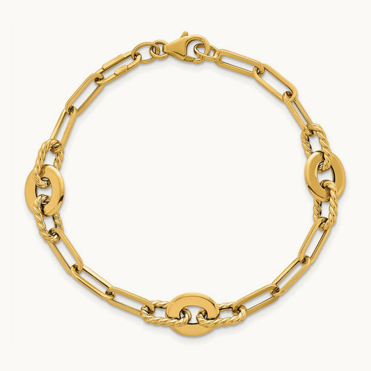 Polished 7.5in Textured Open Link Bracelet, 14K