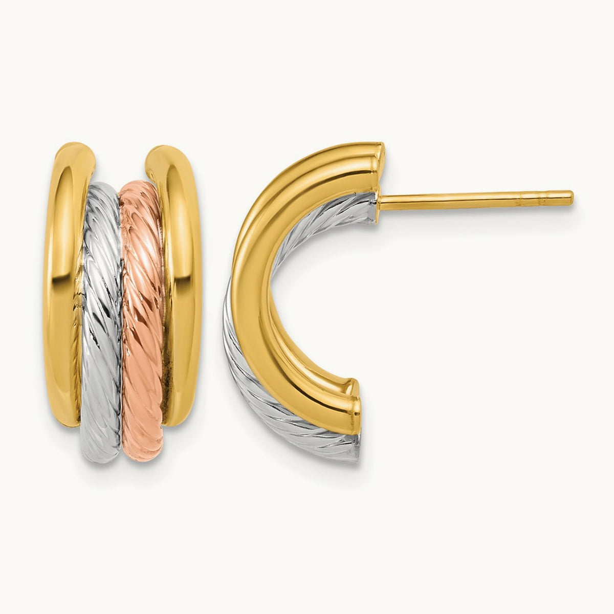 w/Rhod/Rose Gold-plat Polished/Twisted J-Hoop Post Earrings, 14K — Leslie's