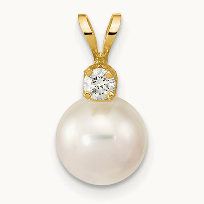 8- Round White Saltwater Akoya Cultured Pearl Diamond Pendant, 9mm, 14K