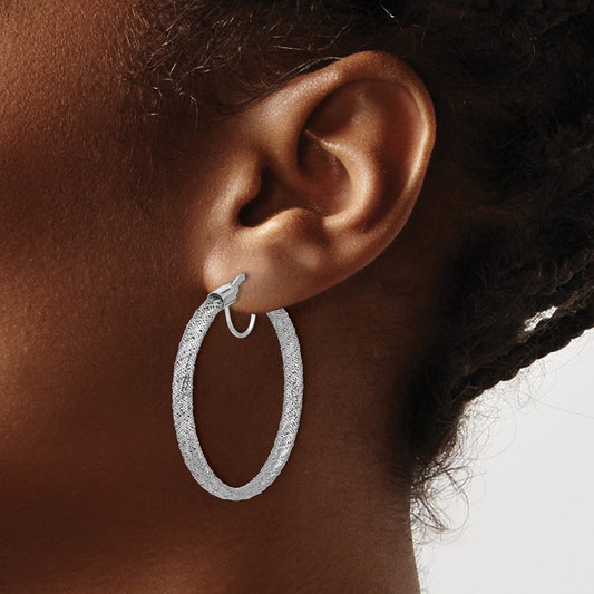 Rhodium-Plating Polished Mesh Round Hoop Earrings with white — 14K Two-Tone Gold